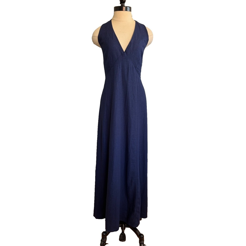 NWT Mixology Robertson & Rodeo Sz L Maxi Halter Navy Blue Linen Fully Lined $218